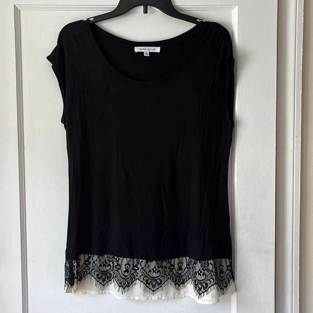 Black, lace trimmed t-shirt. Rose & Olive. Size medium.